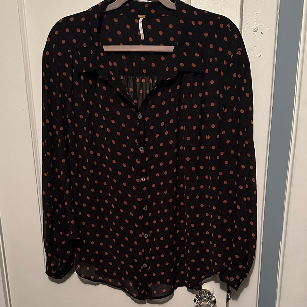 Free People Black and Brown Polka Dot Women's Top